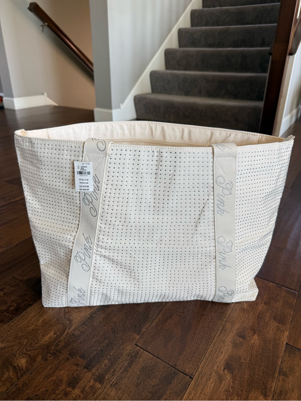 Victoria's Secret PINK LIMITED EDITION Bedazzled Cream Logo Strap Tote